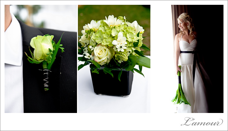 Green wedding details brought a pop of color to this black and white themed