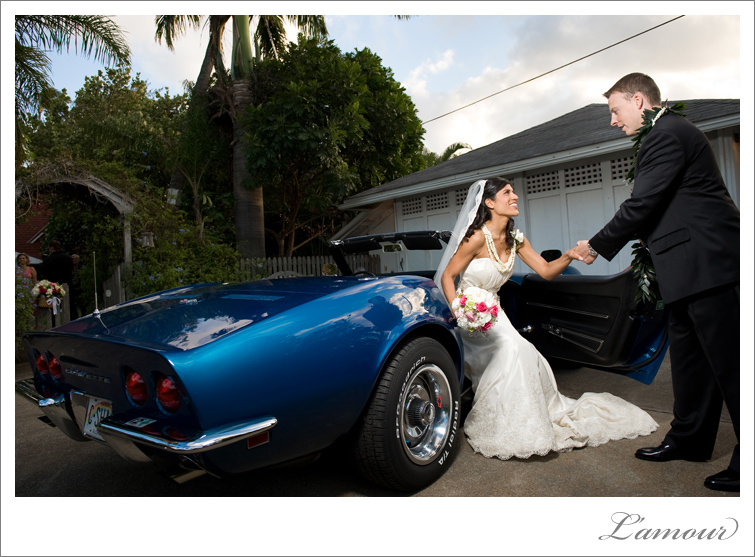 Hawaii Destination Wedding Bride and Groom get out of vintage car