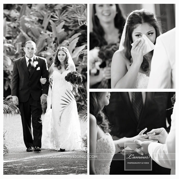 Black and White photo of bride walking down aisle and crying during Oahu Wedding ceremony
