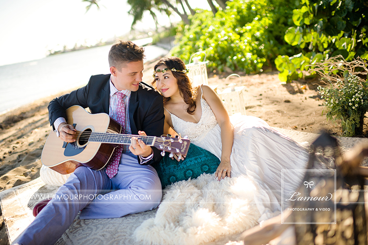 Hawaii Bride and Groom on beach on Oahu at Bayer Estate