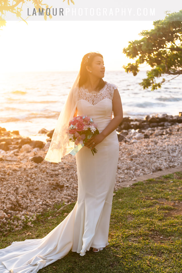 sunset wedding photography from Maui Hawaii of bride at Olowalu Plantation