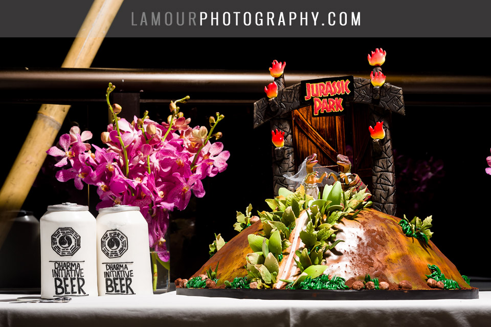 Lost and Jurassic Park themed wedding cake for Hawaii wedding on Oahu