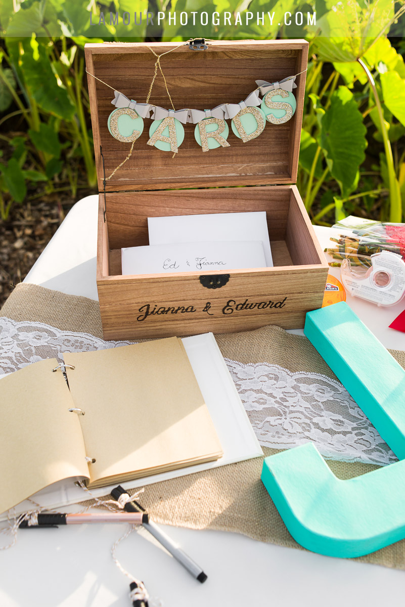 wooden personalized card box and guest book for hawaii wedding