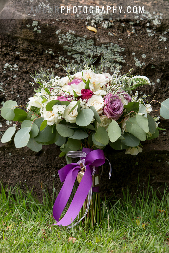 Hawaii wedding bouquet with greenery, white and purple flowers